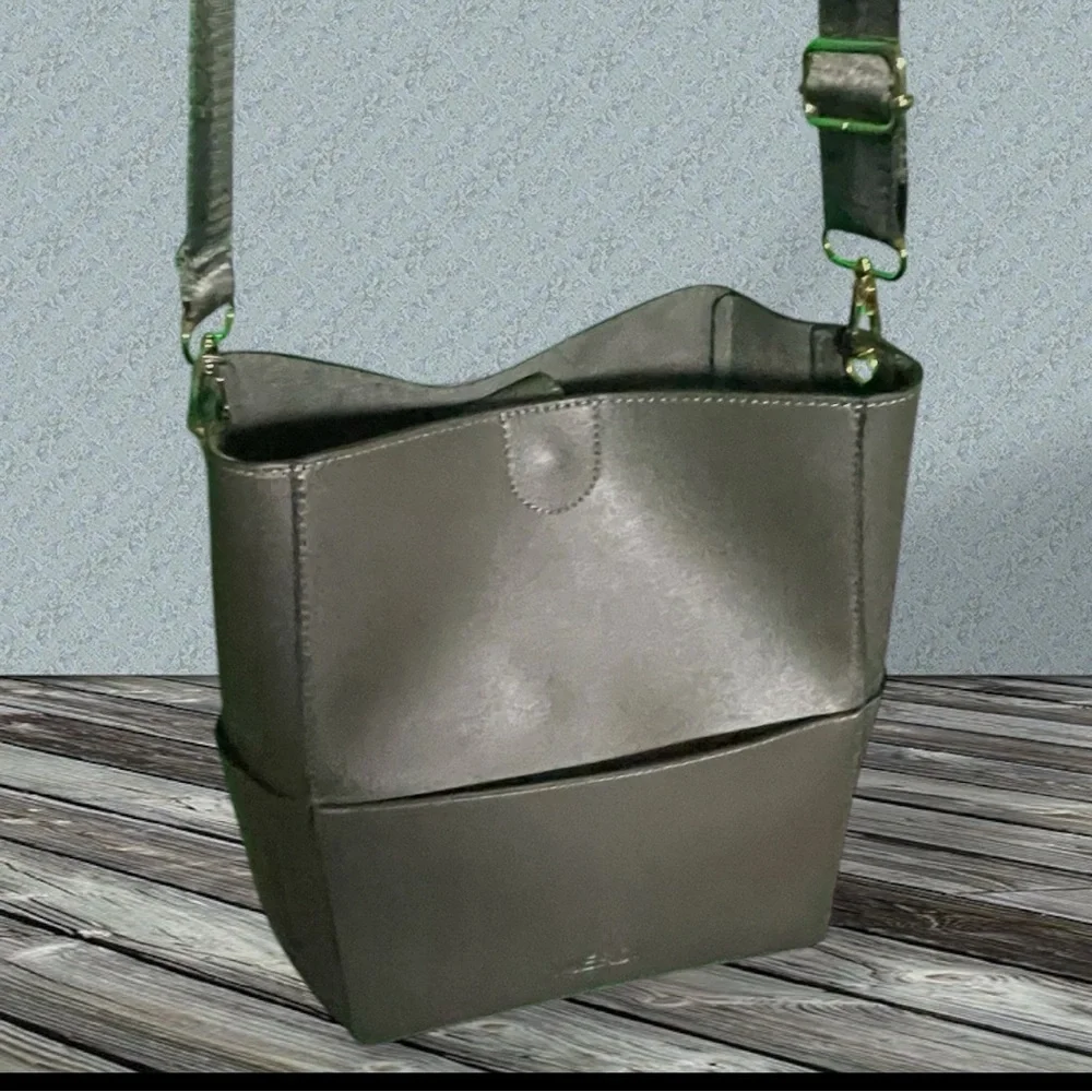 Mersi Vegan Leather Demi Bucket Bag With Detachable Straps Gray